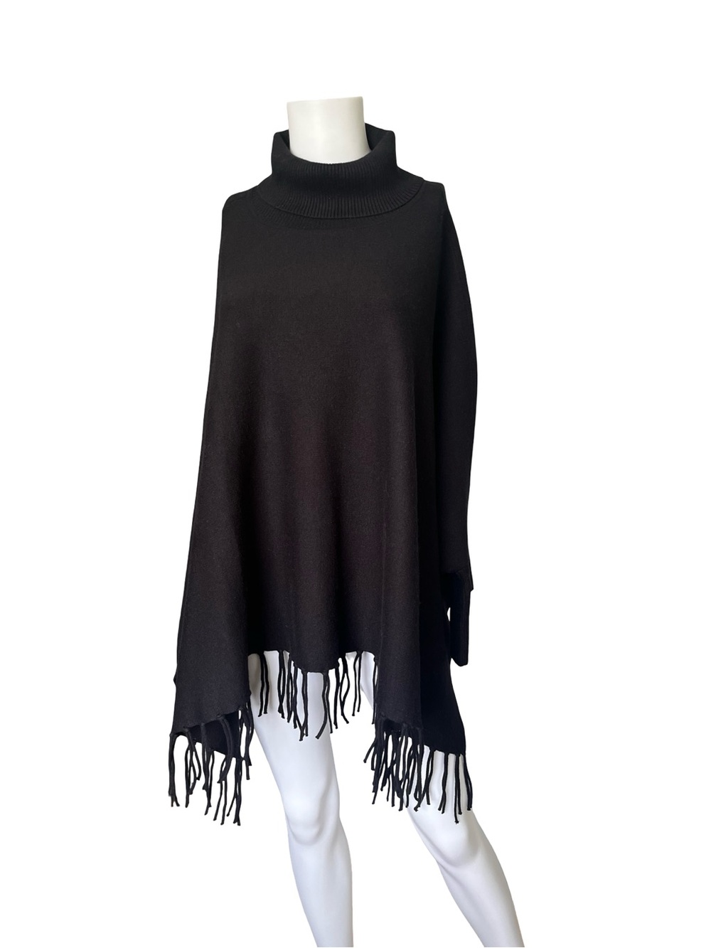 House of Harlow 1960 Black Sweater Poncho Fringe Turtleneck Goth One Size
